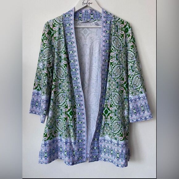 Isaac Mizrahi Live Open Cardigan Soft Green Medallion Pattern With Lavender Trim - Picture 1 of 10
